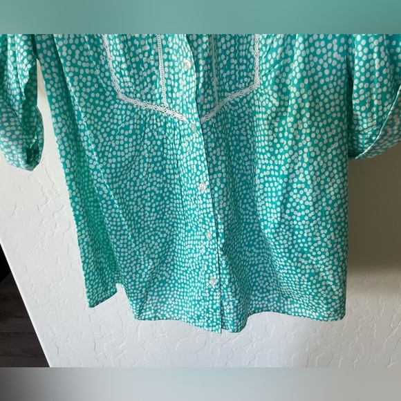 St. John’s Bay|Mint Blue Polka Dot Button Down Long Sleeve Blouse with Crotchet• - Picture 3 of 9